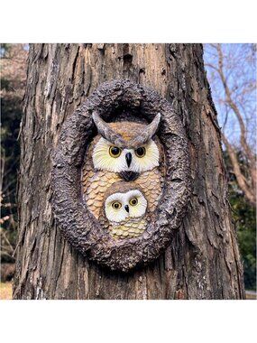 Resin Owl Mum & Baby Tree Hugger - Charming Outdoor Garden Décor Statue 9.5